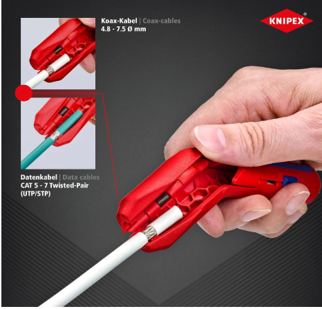 KNIPEX Ergostrip Universal Stripping Tool for Right-Handers, 135 mm, Round Cable, Coax Cables, Data Cables, Wire Stripper, 16 95 01 SB