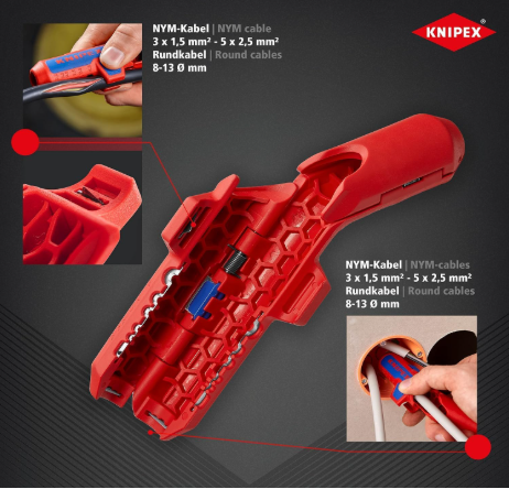 KNIPEX Ergostrip Universal Stripping Tool for Right-Handers, 135 mm, Round Cable, Coax Cables, Data Cables, Wire Stripper, 16 95 01 SB