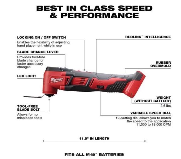Milwaukee 4933446203 M18 18V Lithium Ion Cordless 18,000 OPM Orbiting Multi Tool with Woodcutting Blades and Sanding Pad with Sheets Included (Battery Not Included, Power Tool Only)