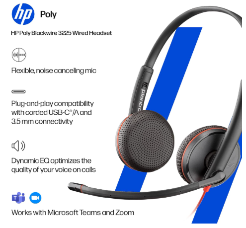 Poly Blackwire 3225 Wired Headset - Noise-Canceling Mic – Stereo Design - Connect to PC/Mac/Mobile via USB-C, USB-A, or 3.5mm - Works w/Teams, Zoom