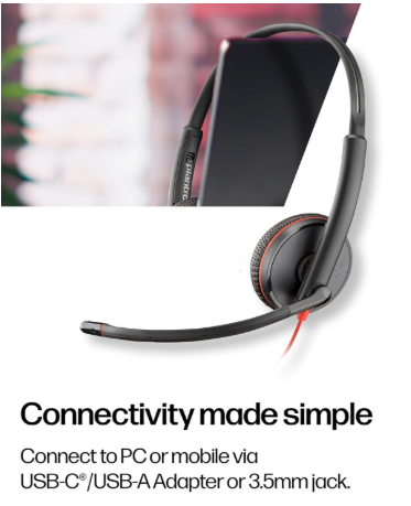 Poly Blackwire 3225 Wired Headset - Noise-Canceling Mic – Stereo Design - Connect to PC/Mac/Mobile via USB-C, USB-A, or 3.5mm - Works w/Teams, Zoom