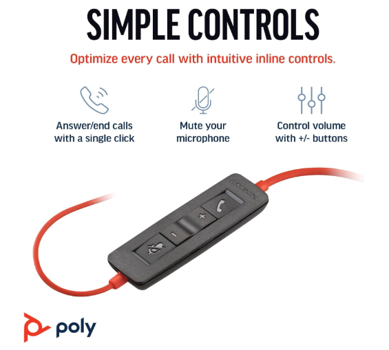 Poly Blackwire 3210 Wired Headset - Noise-Canceling Mic - Single-Ear Design - Connect to PC/Mac via USB-C or USB-A - Works w/Teams, Zoom