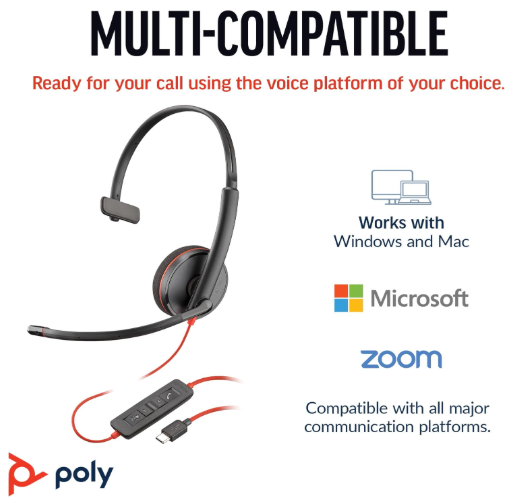 Poly Blackwire 3210 Wired Headset - Noise-Canceling Mic - Single-Ear Design - Connect to PC/Mac via USB-C or USB-A - Works w/Teams, Zoom