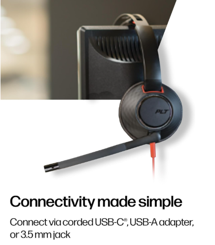 Poly Blackwire 5220 Wired Headset - Flexible Noise-Canceling Boom Mic - Ergonomic Design - Connect to PC/Mac, Mobile via USB-C, USB-A, or 3.5 mm - Works w/Teams, Zoom