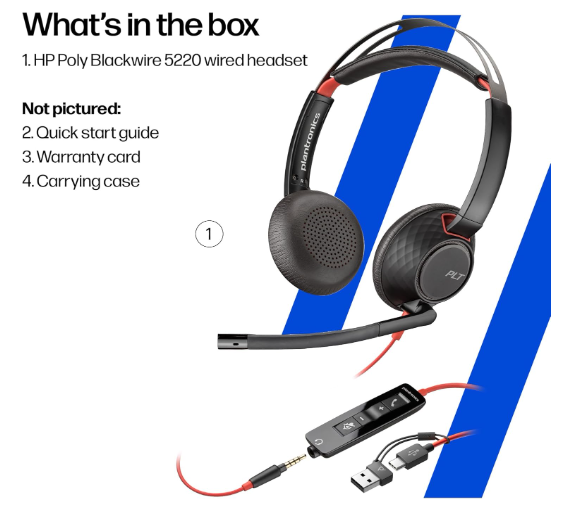 Poly Blackwire 5220 Wired Headset - Flexible Noise-Canceling Boom Mic - Ergonomic Design - Connect to PC/Mac, Mobile via USB-C, USB-A, or 3.5 mm - Works w/Teams, Zoom