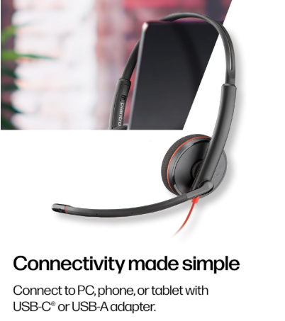 Poly Blackwire 3220 Wired Headset - Noise-Canceling Mic – Stereo Design - Connect to PC/Mac via USB-C or USB-A - Works w/Teams, Zoom