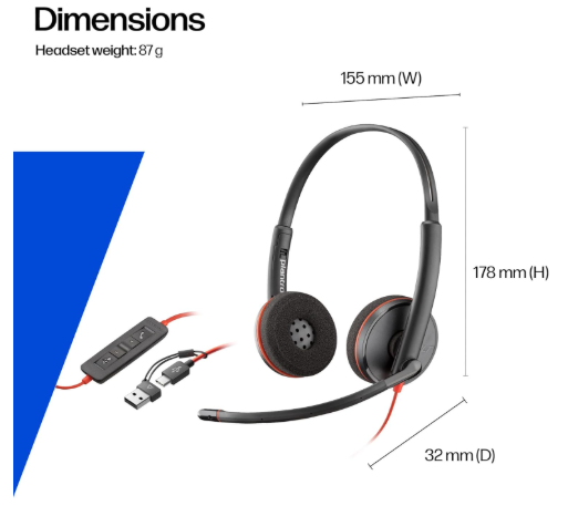 Poly Blackwire 3220 Wired Headset - Noise-Canceling Mic – Stereo Design - Connect to PC/Mac via USB-C or USB-A - Works w/Teams, Zoom