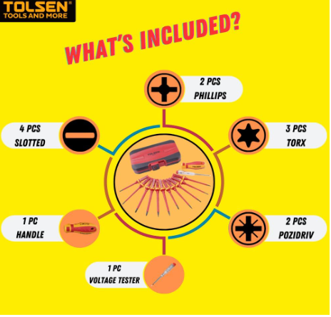 Tolsen 13pcs VDE Insulated Electricians Screwdriver Set with Rubber Handle in Hard Case | Interchangeable | Magnetic Tips | 1000V | Ideal for Electrical, Home and DIY Projects