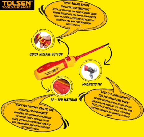 Tolsen 13pcs VDE Insulated Electricians Screwdriver Set with Rubber Handle in Hard Case | Interchangeable | Magnetic Tips | 1000V | Ideal for Electrical, Home and DIY Projects