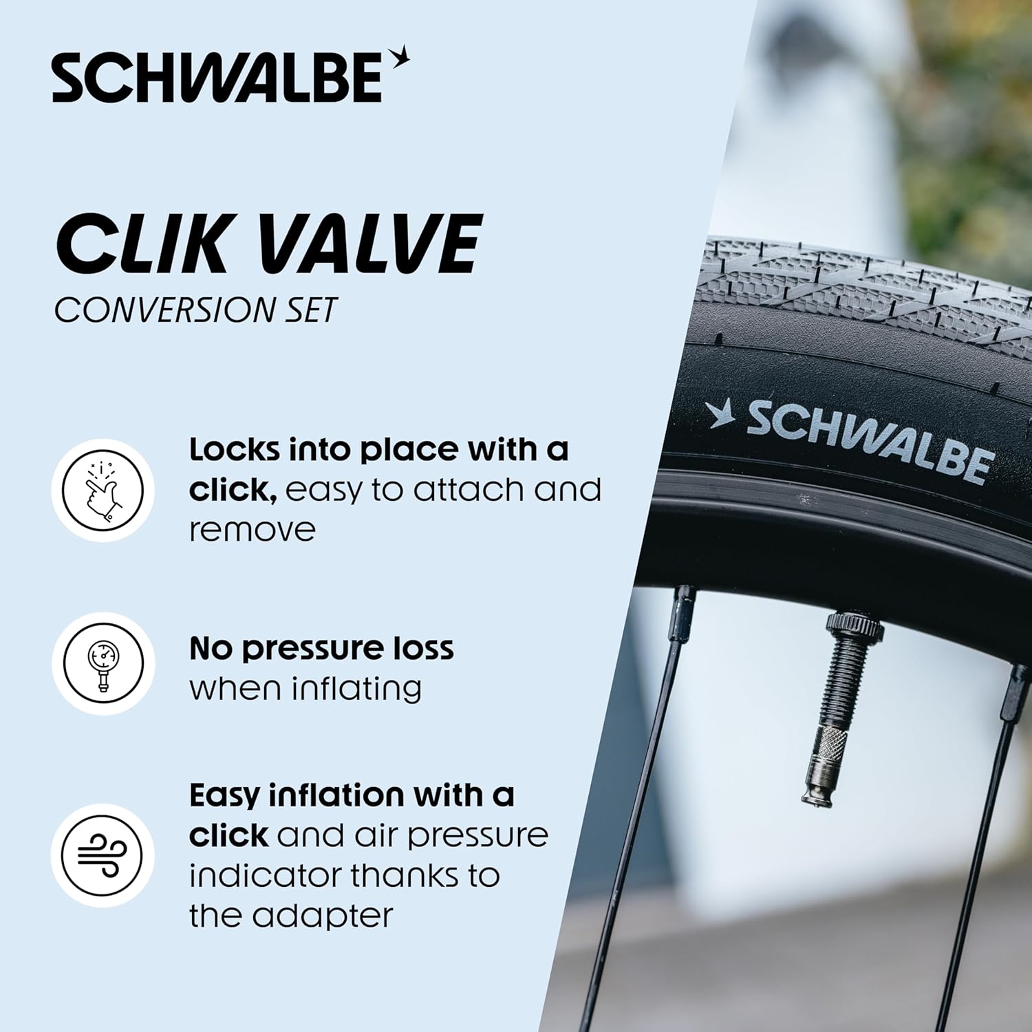 Schwalbe Clik Valve Conversion Set - Presta/SV Valve Conversion Kit with Pump Head Adapter - Innovation for Inflating Bicycle Tyres